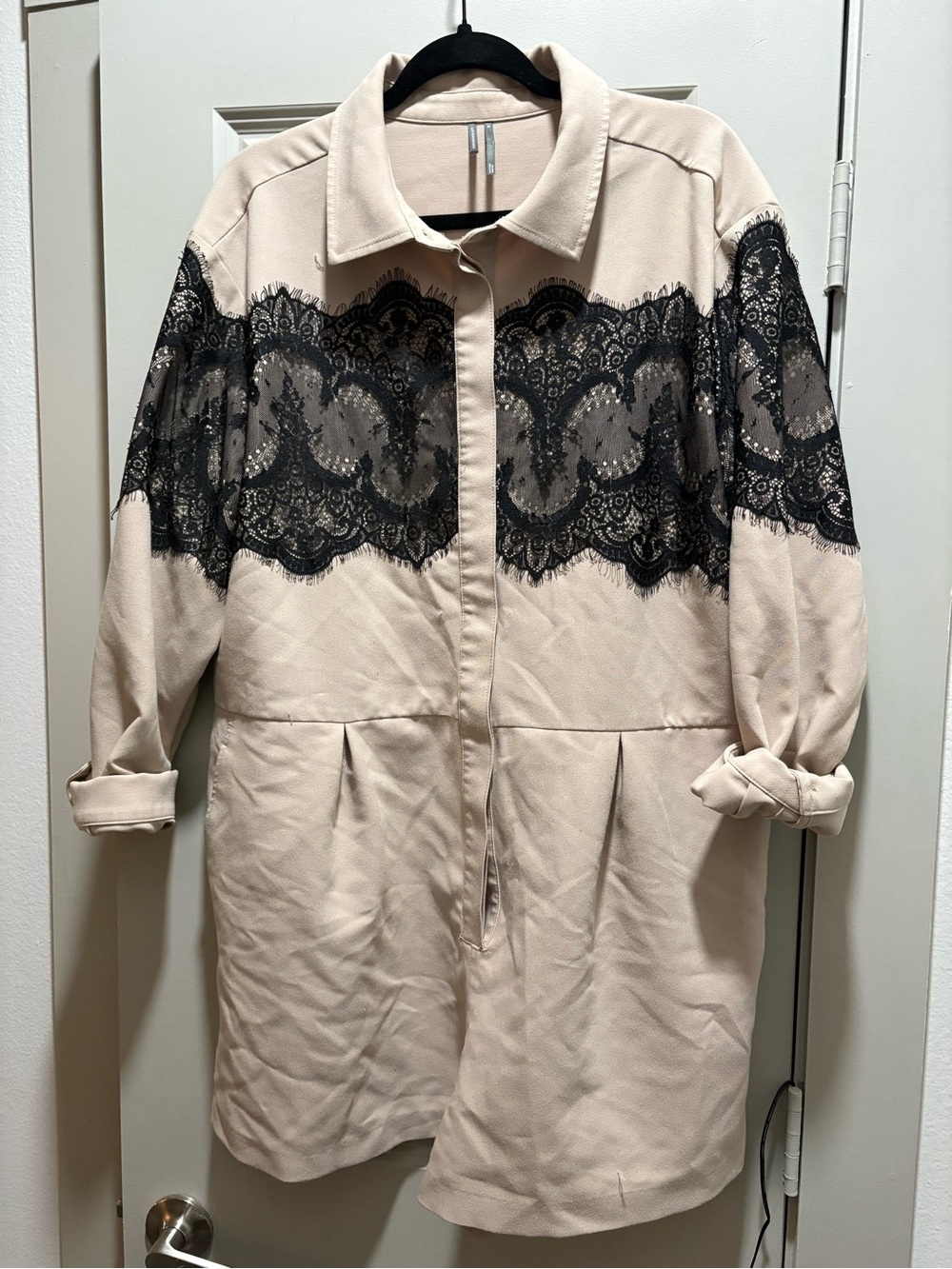 Anthropologie Cream Romper with Black Lace Trim